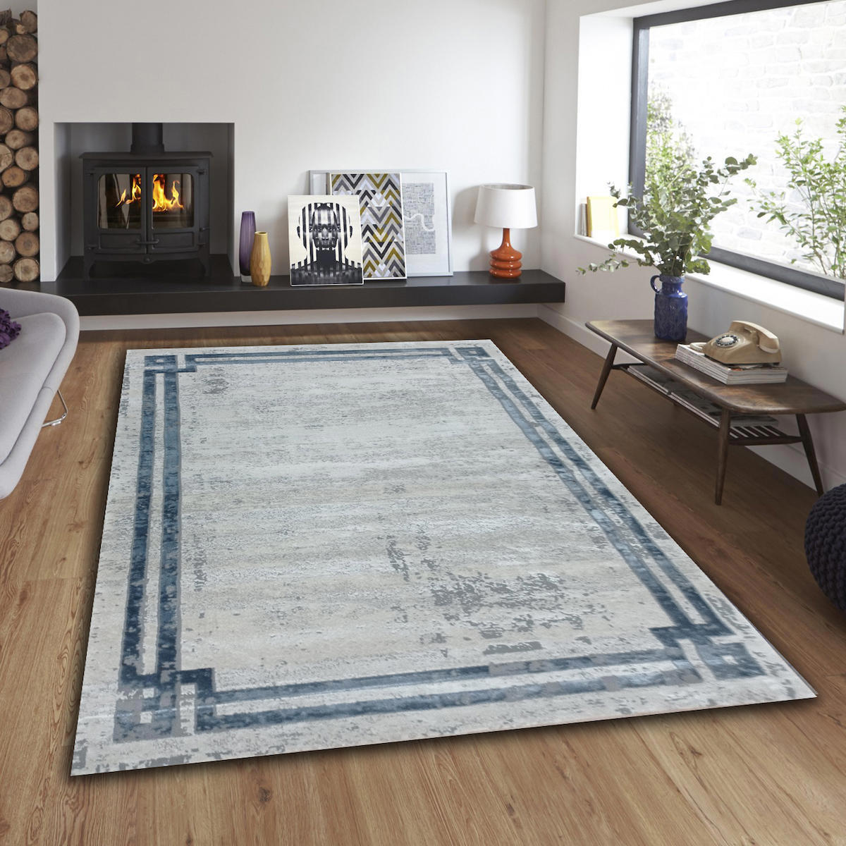 Balat Halı Bej - Mavi Polipropilen Yıkanabilir İnce Kaymaz Jüt Taban Dikdörtgen Makine Dokuma Salon Halısı 80x150 cm