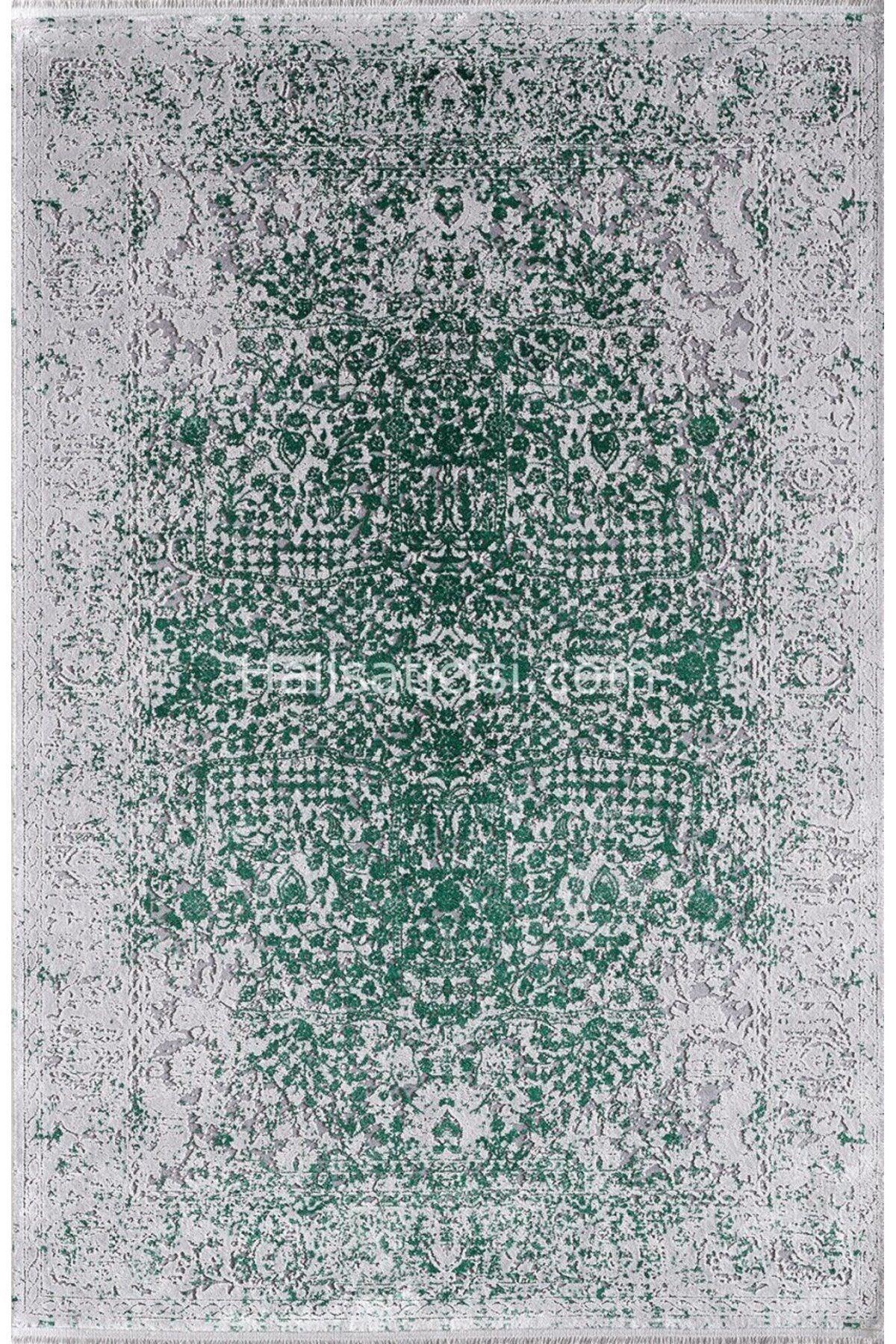 Mevlana Bazaar Corfu 6352F Gri-Yeşil 6 mm İpek-Yün Antibakteriyel Yıkanabilir İnce Kaymaz Örme Taban Dikdörtgen Makine Dokuma Salon Halısı 180x280 cm