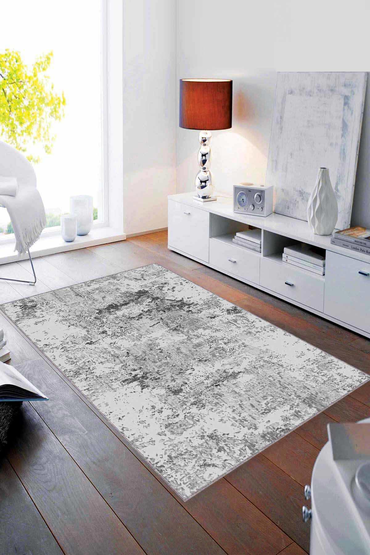 Viva Home MA002 Gri 7 mm Mikropolyester Toz Tutmaz Yıkanabilir İnce Kaymaz Dot Taban Dikdörtgen Makine Dokuma Salon Halısı 120x180 cm