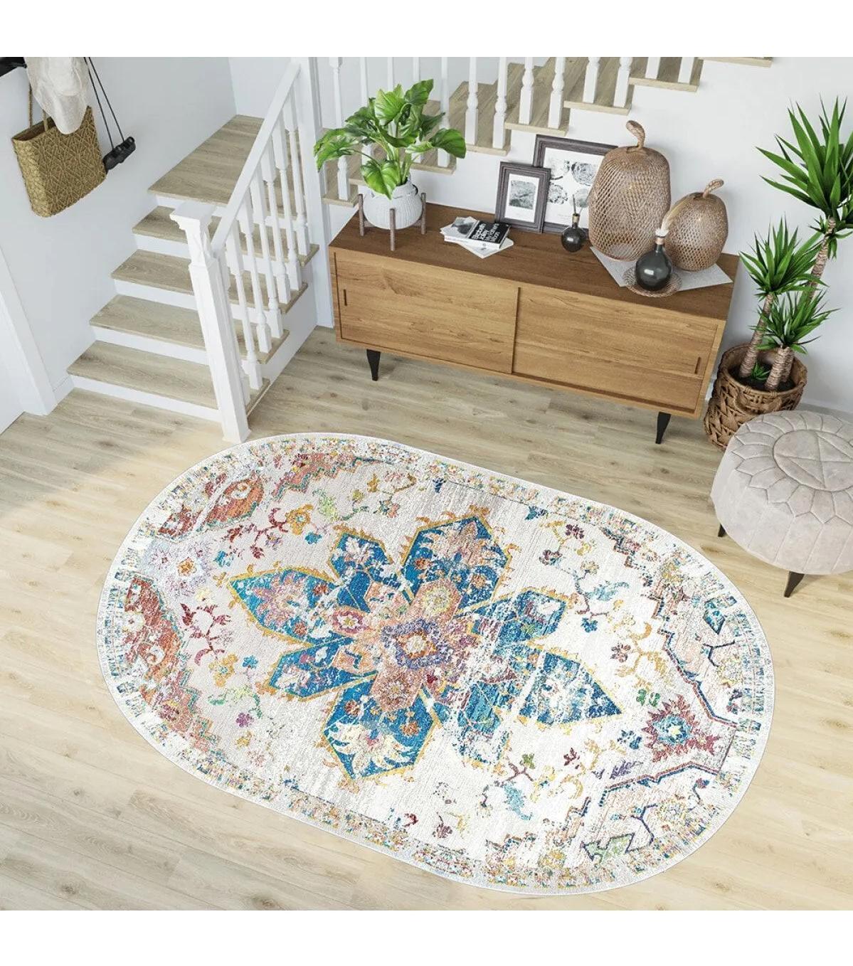 Rovigo Home RVG7230-HY1045 Çok Renkli 8 mm Polyester Yıkanabilir Orta Kaymaz Dot Taban Dikdörtgen Makine Dokuma Salon Halısı 80x500 cm