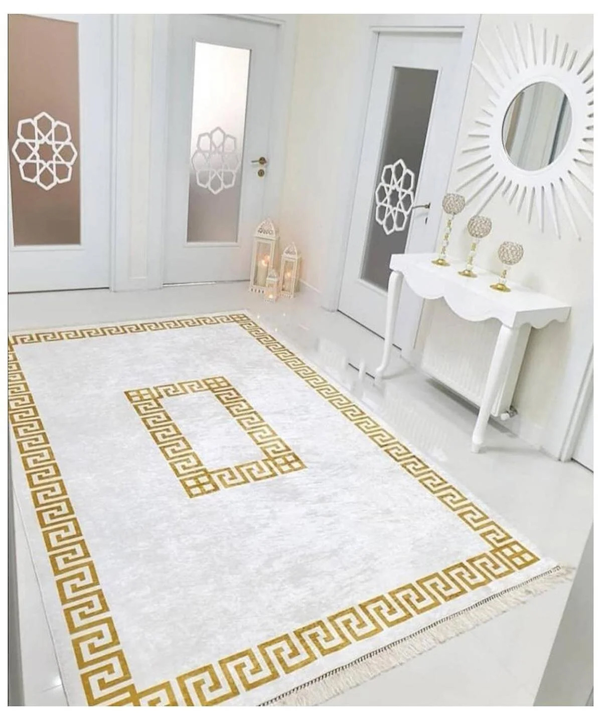 Sty Home Altın - Beyaz 0.8 mm Polyester Antibakteriyel Yıkanabilir İnce Kaymaz Taban Dikdörtgen Makine Dokuma Salon Halısı 80x150 cm