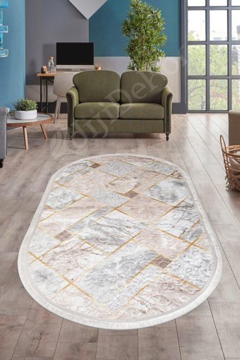 Dijidekor Deluxe Vizon 6 mm Polyester Yıkanabilir Orta Kaymaz Deri Taban Oval Makine Dokuma Salon Halısı 180x180 cm