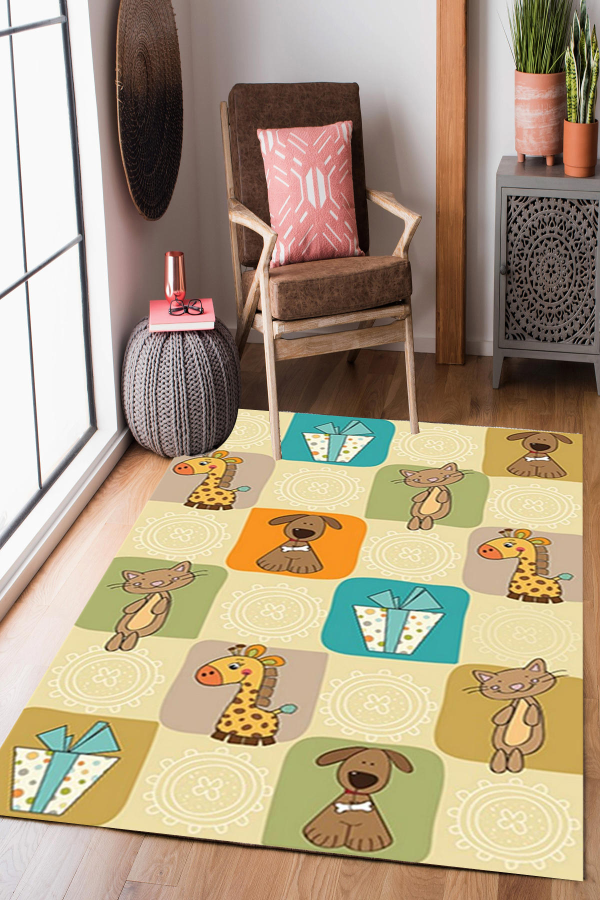 Homier Collection H-CK-10082A Krem 7 mm Pamuk Antibakteriyel Yıkanabilir Orta Kaymaz Dot Taban Dikdörtgen Makine Dokuma Çocuk Odası Halısı 160x230 cm