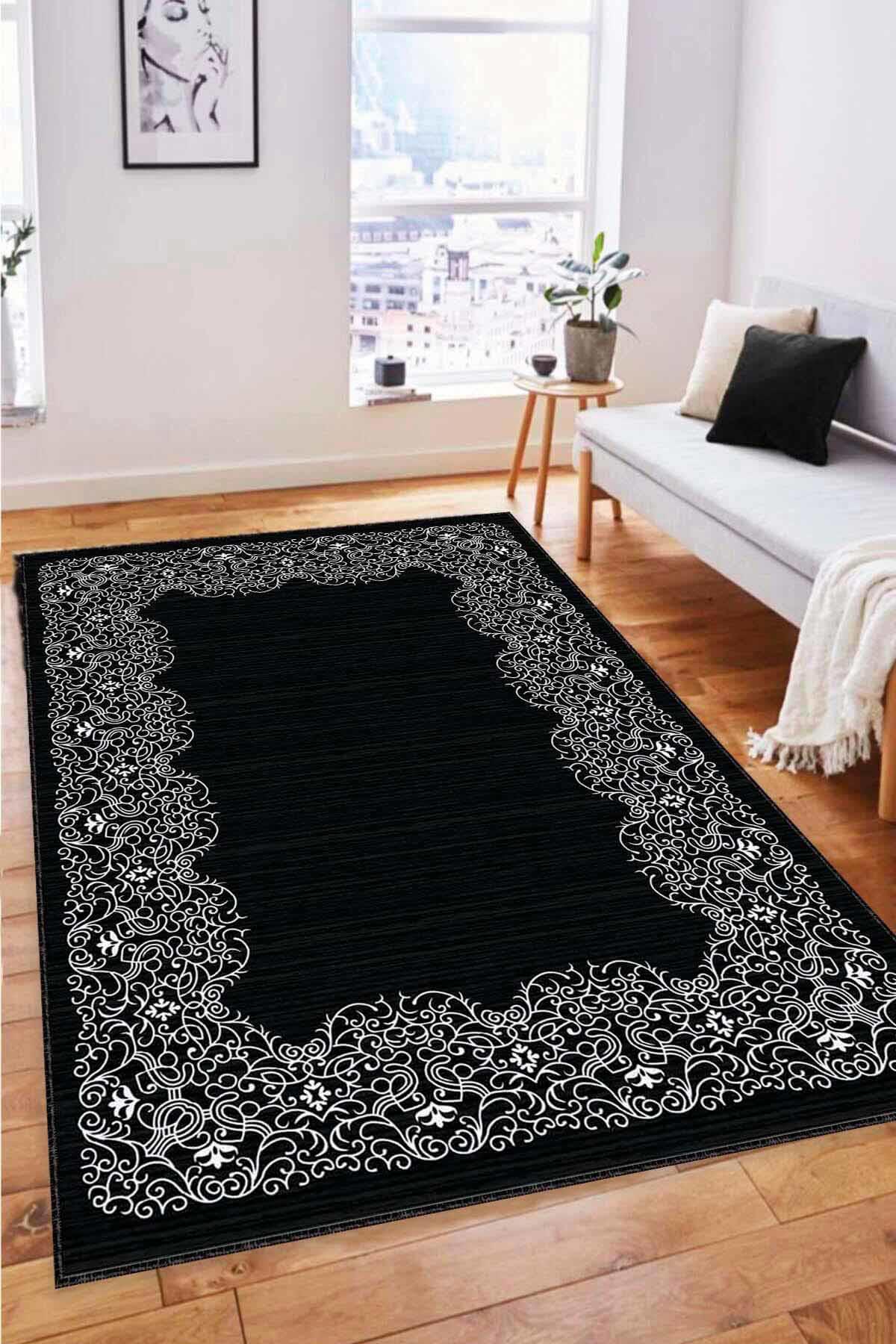 Viva Home MK58 Siyah 7 mm Mikropolyester Antibakteriyel Yıkanabilir Kalın Kaymaz Lateks Taban Dikdörtgen Makine Dokuma Salon Halısı 100x200 cm