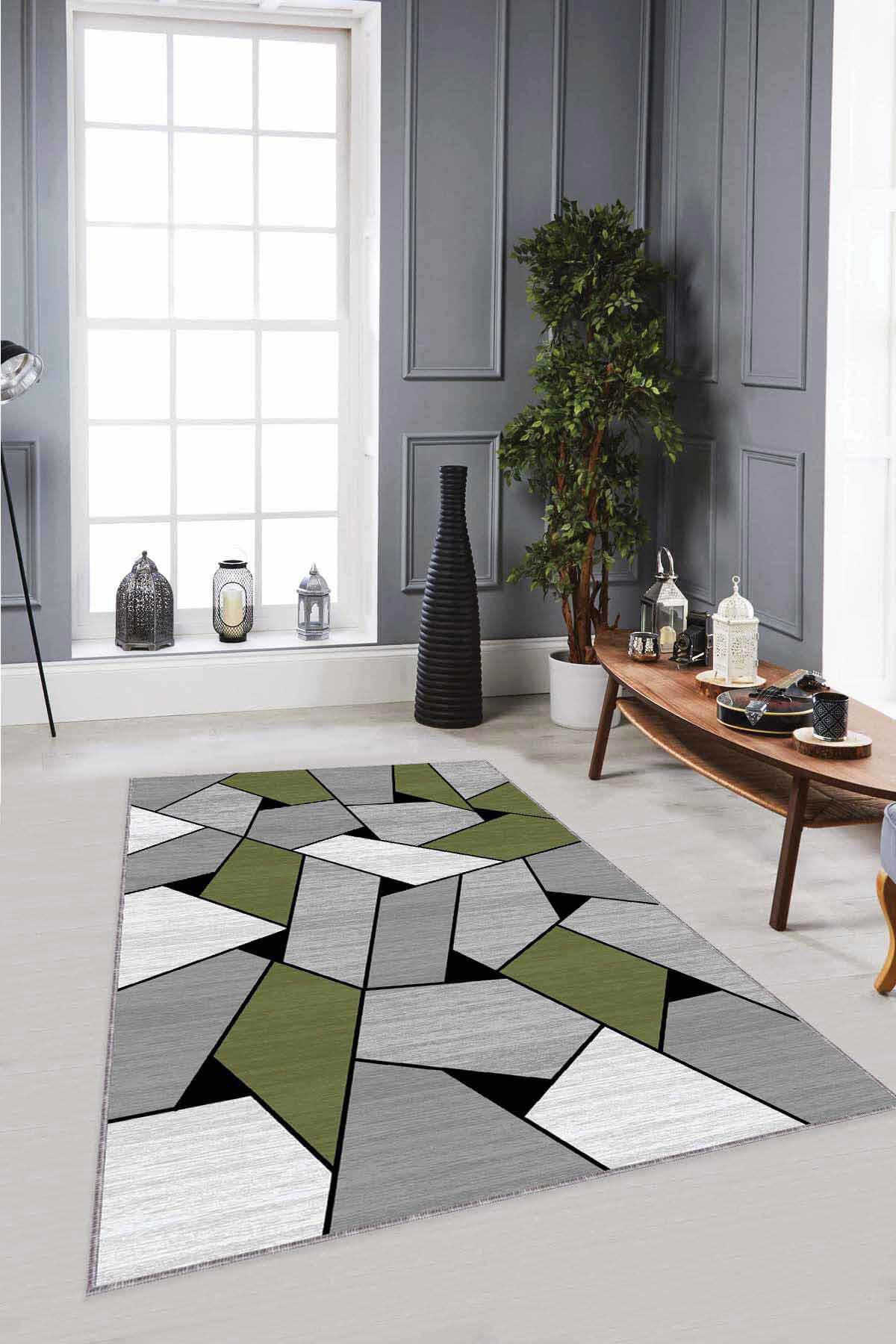 Viva Home WL05 Yeşil 7 mm Mikropolyester Yalıtıma Yardımcı Yıkanabilir İnce Kaymaz Taban Dikdörtgen Makine Dokuma Antre-Salon-Yatak Odası Halısı 200x300 cm