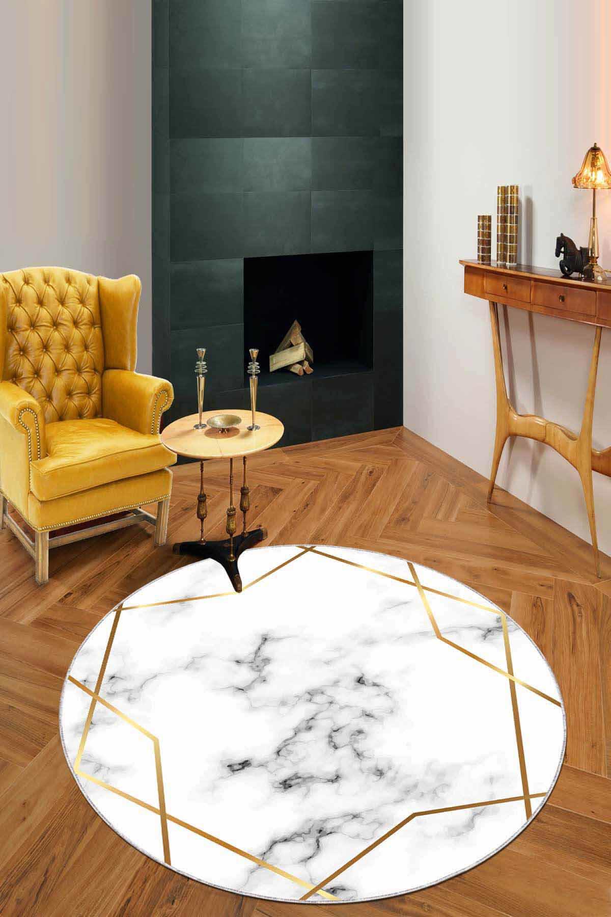 Viva Home AR407 Altın 7 mm Mikropolyester Antibakteriyel Yıkanabilir İnce Kaymaz Dot Taban Geometrik Yuvarlak Makine Dokuma Salon Halısı 100x200 cm