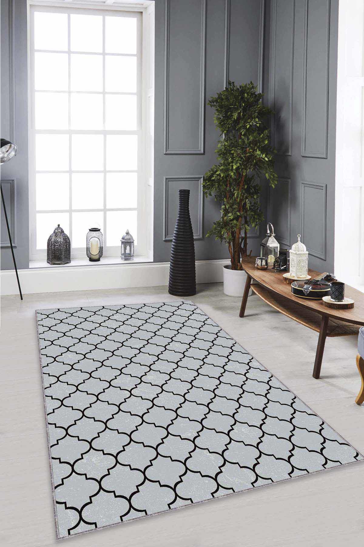 Viva Home AR489 Gri 7 mm Mikropolyester Toz Tutmaz Yıkanabilir İnce Kaymaz Dot Taban Geometrik Dikdörtgen Makine Dokuma Salon Halısı 80x300 cm