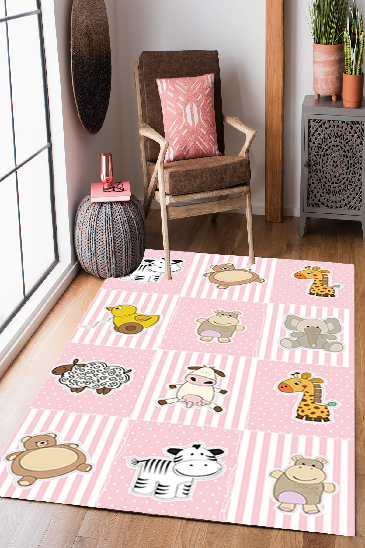 Homier Collection H-CK-10002A Gri 7 mm Pamuk Antibakteriyel Yıkanabilir Orta Kaymaz Dot Taban Dikdörtgen Makine Dokuma Çocuk Odası Halısı 80x180 cm