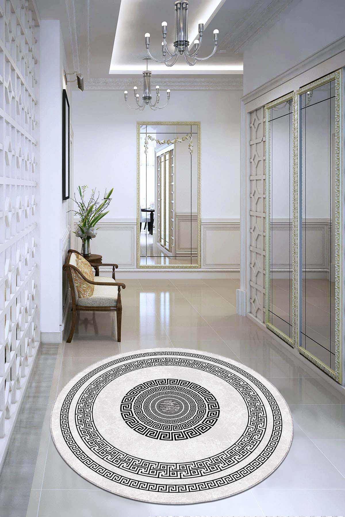Viva Home AR924 Beyaz 7 mm Mikropolyester Leke Tutmaz Yıkanabilir İnce Kaymaz Dot Taban Yuvarlak Makine Dokuma Antre Halısı 200x290 cm