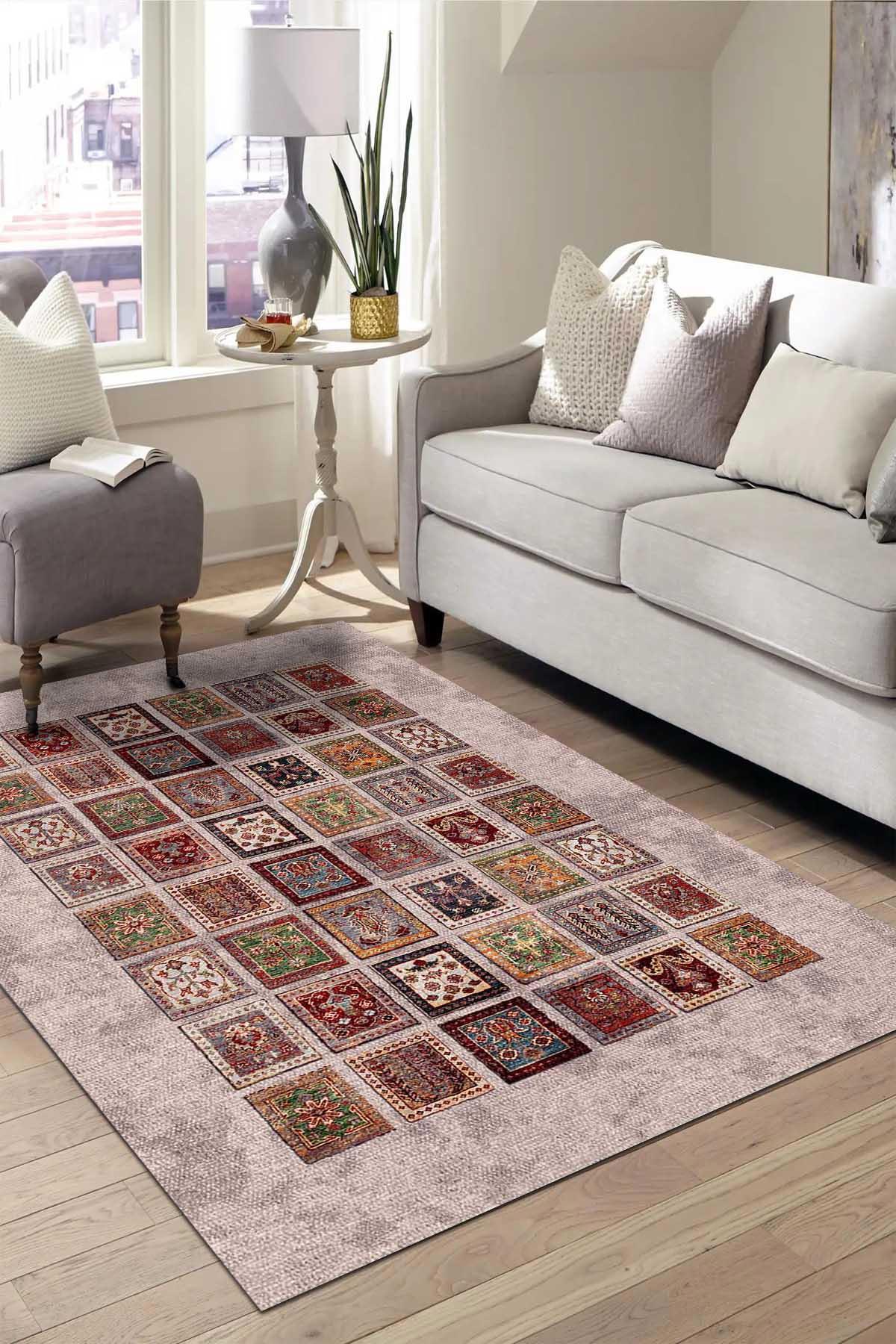 Aida Home Puzzle Krem 0.5 mm Pamuk Toz Tutmaz Yıkanabilir İnce Kaymaz Taban Dikdörtgen Makine Dokuma Salon Halısı 160x230 cm