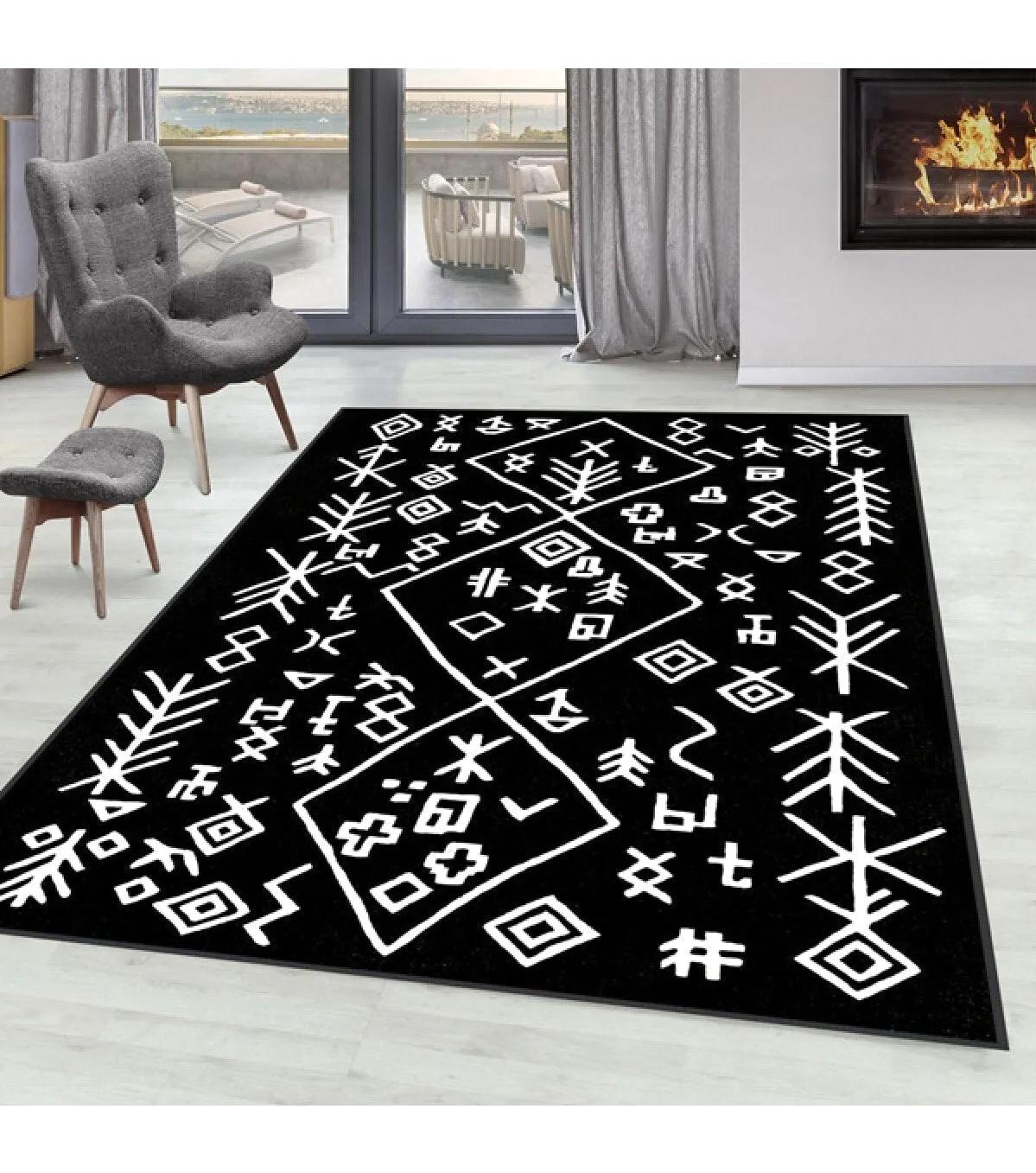 Rovigo Home RVG0091-SD949 Beyaz - Siyah 8 mm Polyester Yıkanabilir Orta Kaymaz Dot Taban Dikdörtgen Makine Dokuma Salon Halısı 140x200 cm