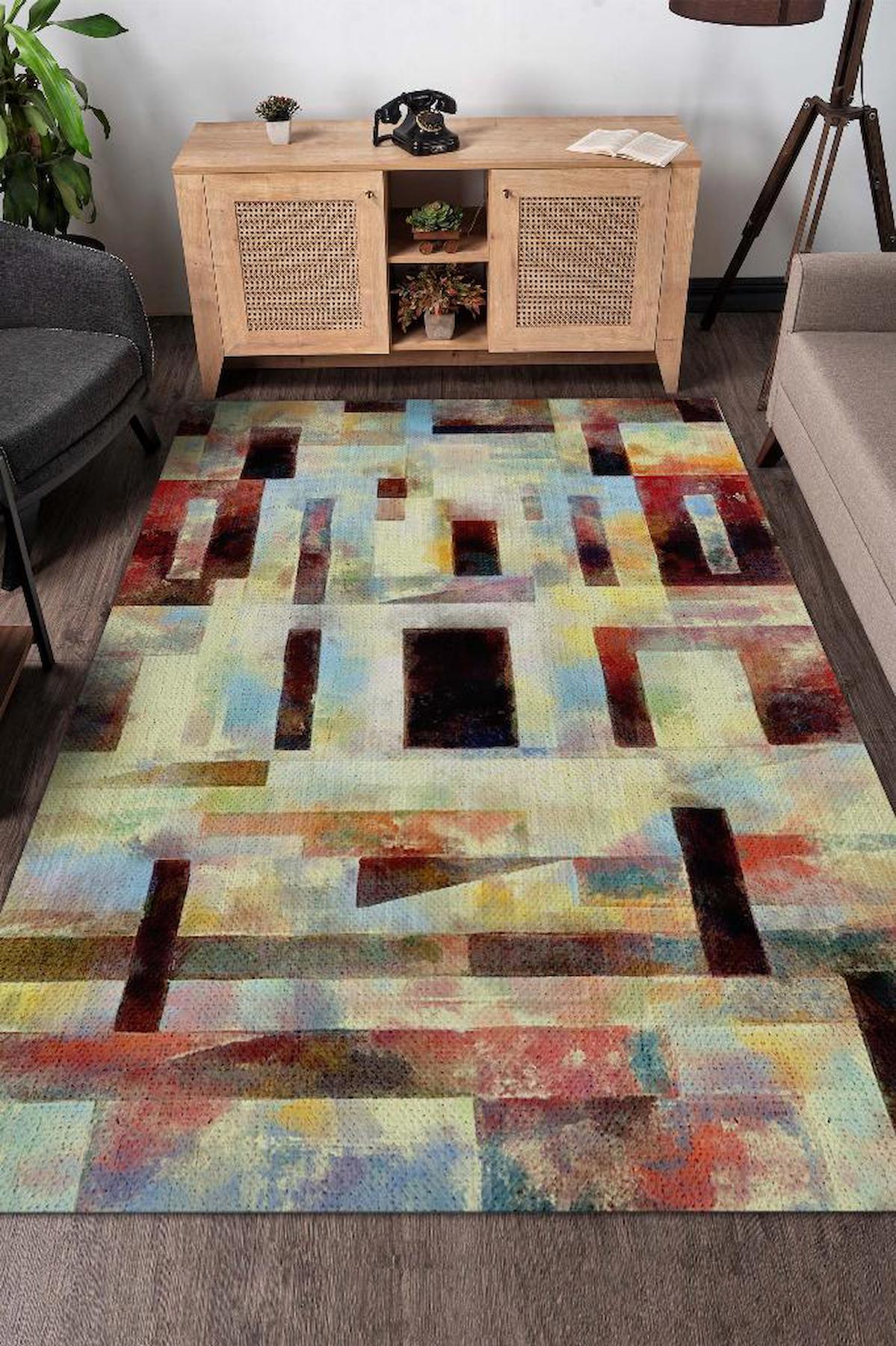 Homshtag Yaza Çıkan Labirent Krem 4 mm Pamuk Antistatik Yıkanabilir İnce Kaymaz Dikdörtgen Makine Dokuma Salon Halısı 180x280 cm