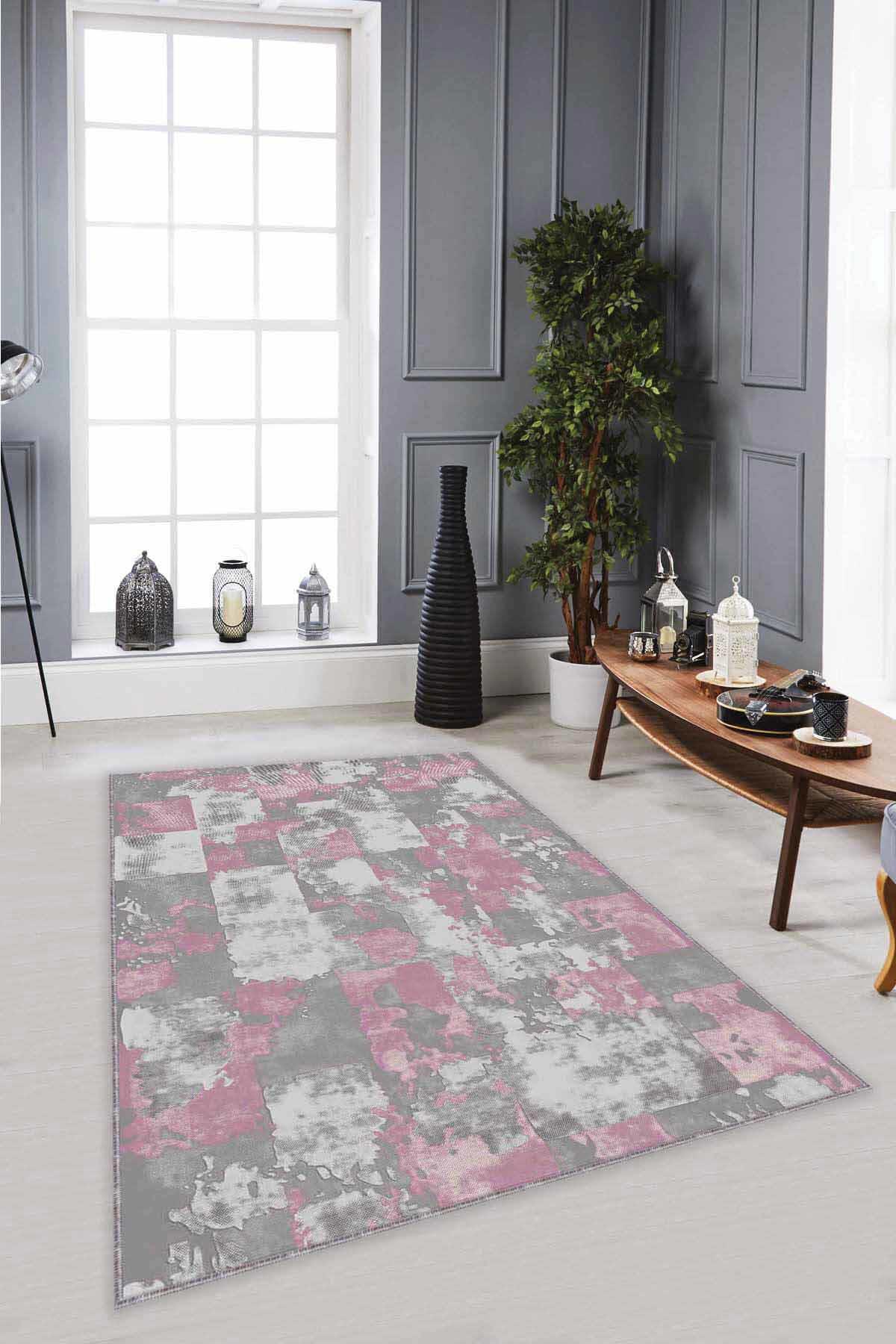 Viva Home SU07 Pembe 7 mm Mikropolyester Leke Tutmaz Yıkanabilir İnce Kaymaz Dot Taban Dikdörtgen Makine Dokuma Salon Halısı 80x500 cm