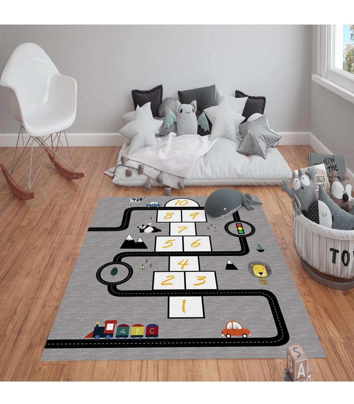 Doruklar Home Collection Gri-Siyah 0.7 mm Polyester Antibakteriyel Yıkanabilir Kalın Kaymaz Taban Dikdörtgen Makine Dokuma Çocuk Odası Halısı 180x280 cm