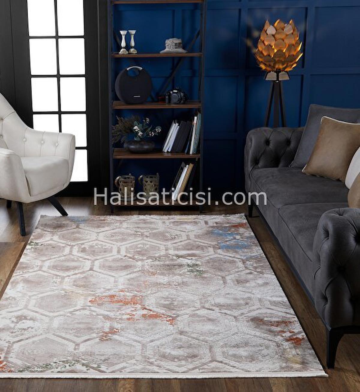 Gümüşsuyu Novastyle 11471 Krem 9 mm Akrilik Toz Tutmaz Yıkanabilir İnce Kaymaz Geometrik Dikdörtgen Makine Dokuma Salon Halısı 80x150 cm