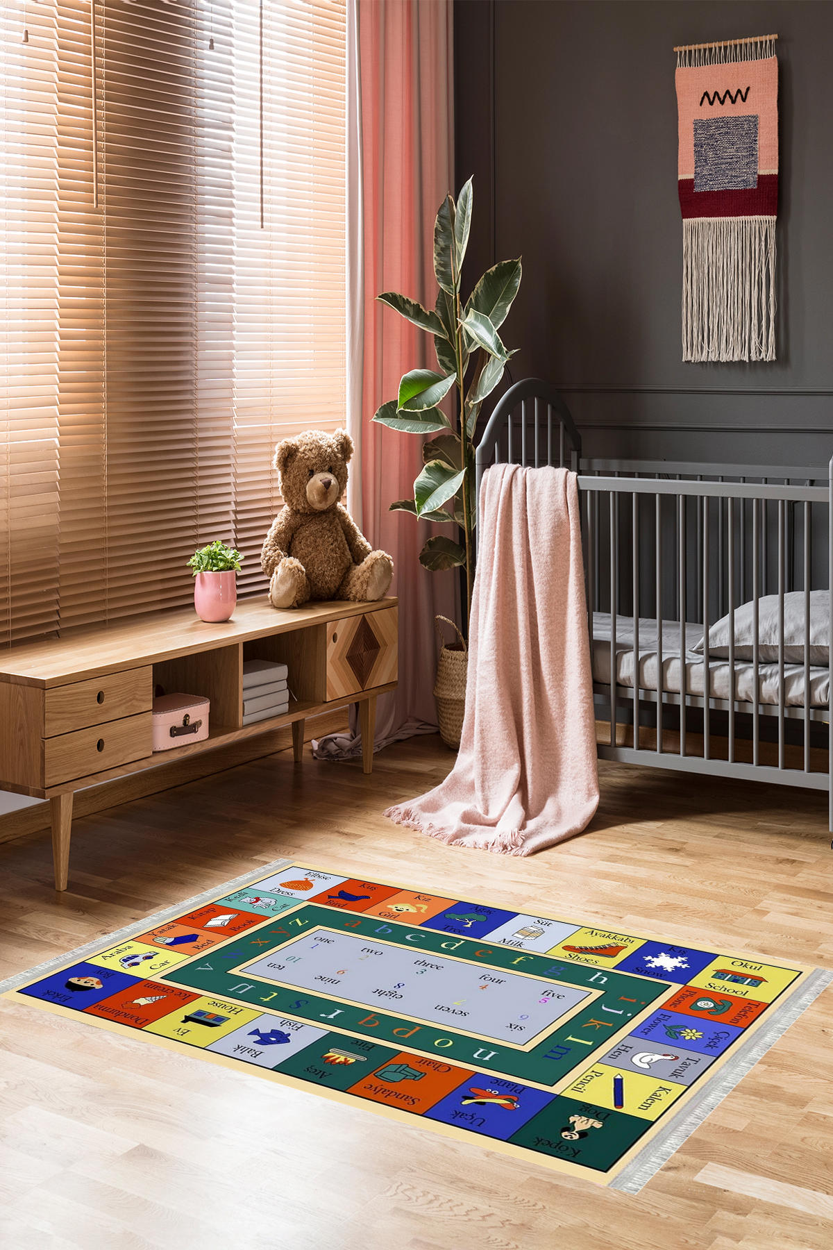 Homier Collection H-CK-10106A Krem 7 mm Pamuk Antibakteriyel Yıkanabilir Orta Kaymaz Dot Taban Dikdörtgen Makine Dokuma Çocuk Odası Halısı 80x150 cm
