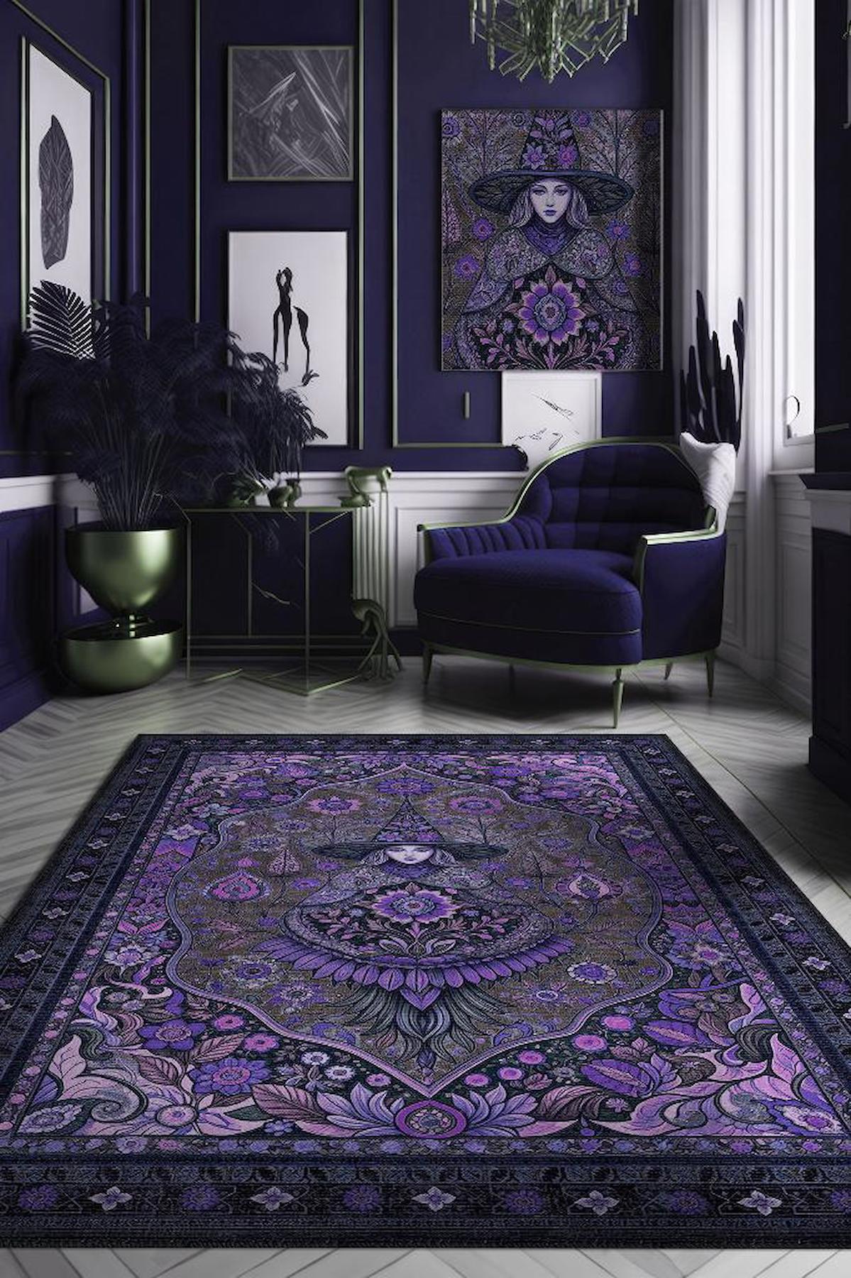 Homshtag Cadı Mor 4 mm Pamuk Antistatik Yıkanabilir İnce Kaymaz Gotik Temalı Dikdörtgen Makine Dokuma Salon Halısı 80x150 cm
