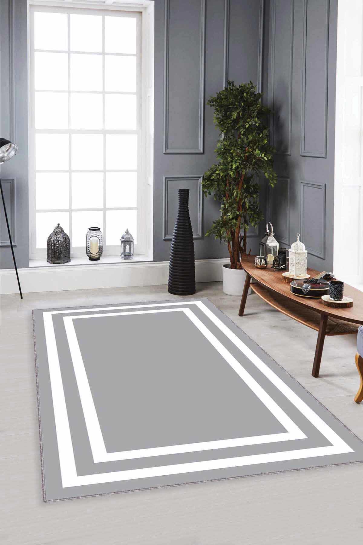 Viva Home MK21 Gri 7 mm Mikropolyester Toz Tutmaz Yıkanabilir İnce Kaymaz Dot Taban Dikdörtgen Makine Dokuma Salon Halısı 80x300 cm