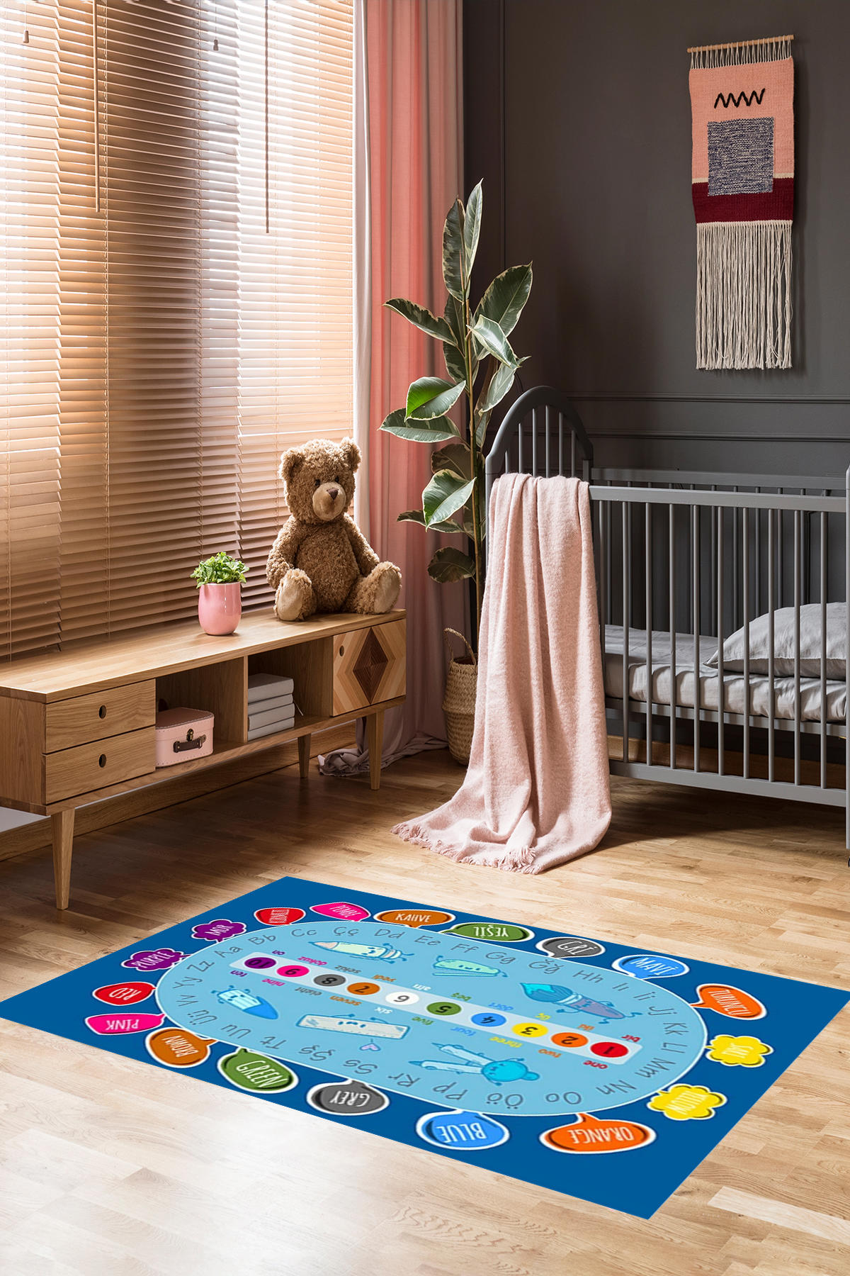 Homier Collection H-CK-10102A Mavi 7 mm Pamuk Antibakteriyel Yıkanabilir Orta Kaymaz Dot Taban Dikdörtgen Makine Dokuma Çocuk Odası Halısı 100x200 cm