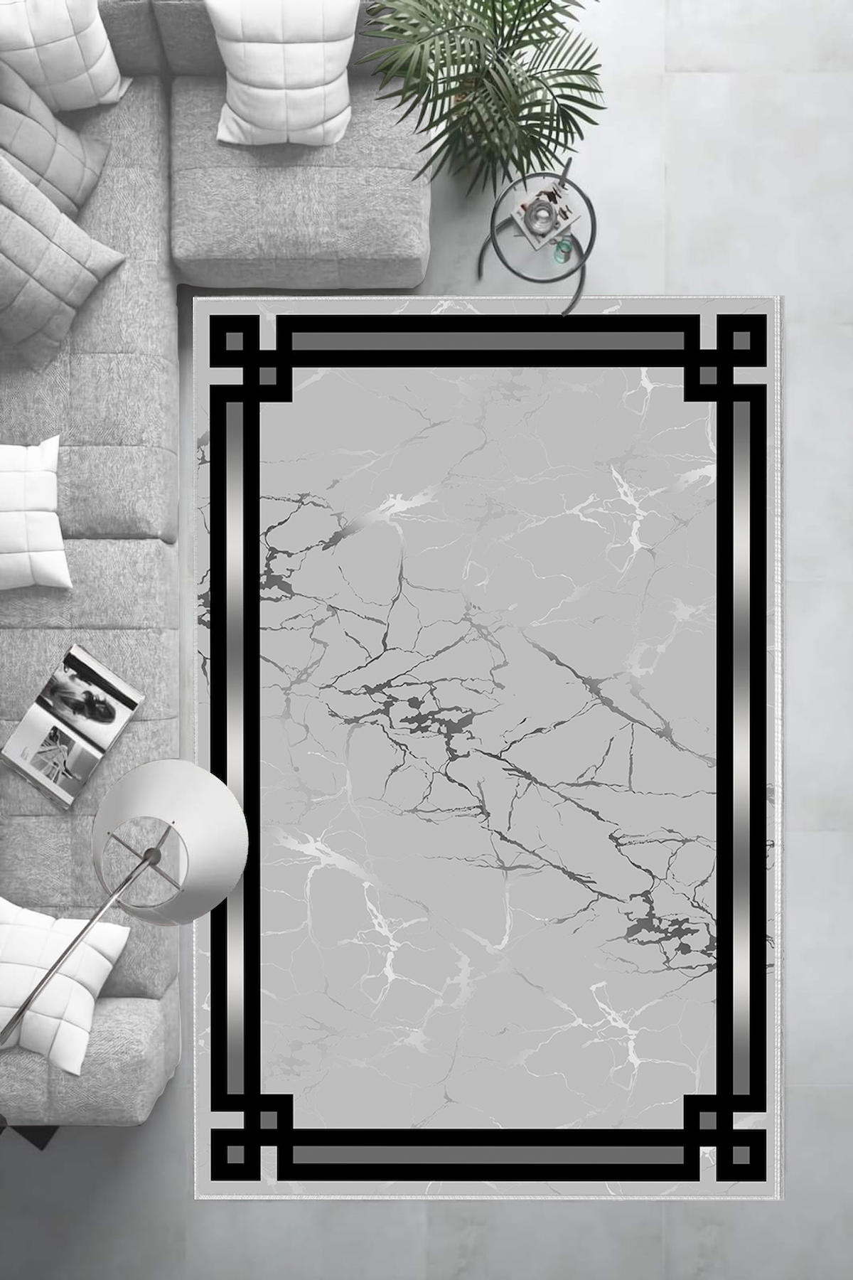 Aldora Gri-Siyah 0.8 mm Polipropilen Yıkanabilir Orta Kaymaz Deri Taban Dikdörtgen Makine Dokuma Salon Halısı 40x60 cm