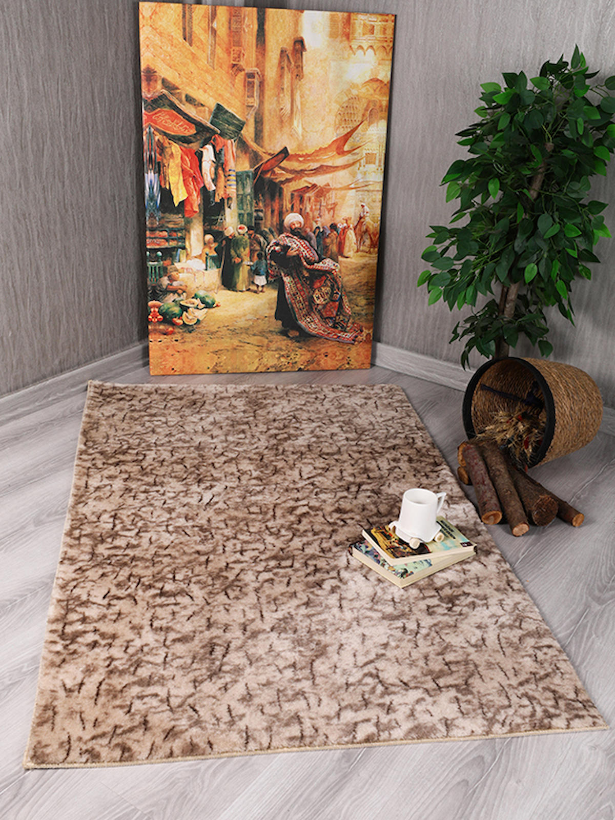 My Evilla 1113 Bej-Kahverengi 14 mm Polyester Leke Tutmaz Yıkanabilir Kalın Kaymaz Taban Dikdörtgen Makine Dokuma Salon Halısı 80x80 cm