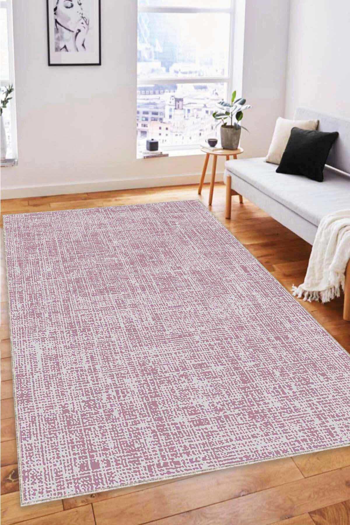 Viva Home HR005 Pembe 7 mm Mikropolyester Leke Tutmaz Yıkanabilir İnce Kaymaz Dot Taban Dikdörtgen Makine Dokuma Salon Halısı 130x190 cm