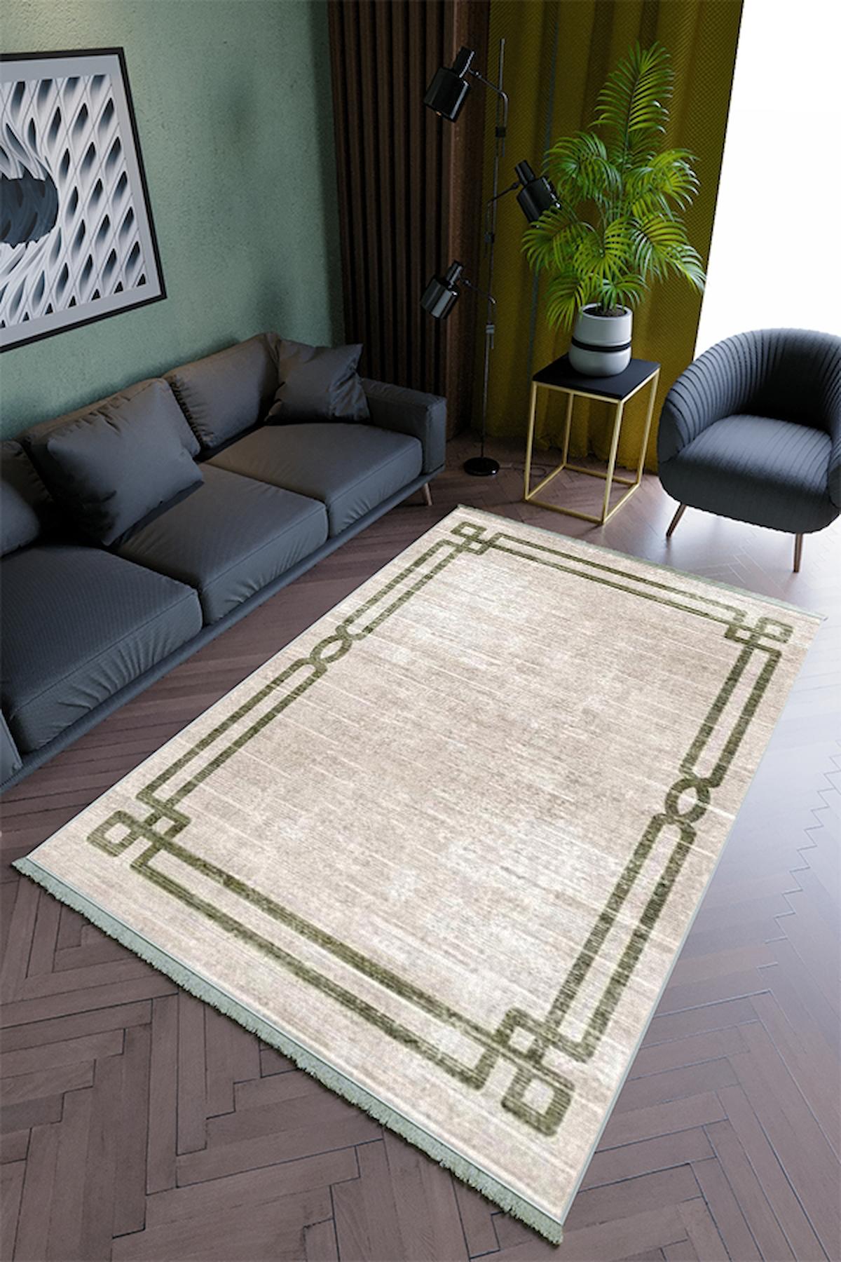 10 Post Online Yeşil 4 mm Polyester Yıkanabilir Kalın Kaymaz Lateks Taban Dikdörtgen Makine Dokuma Salon Halısı