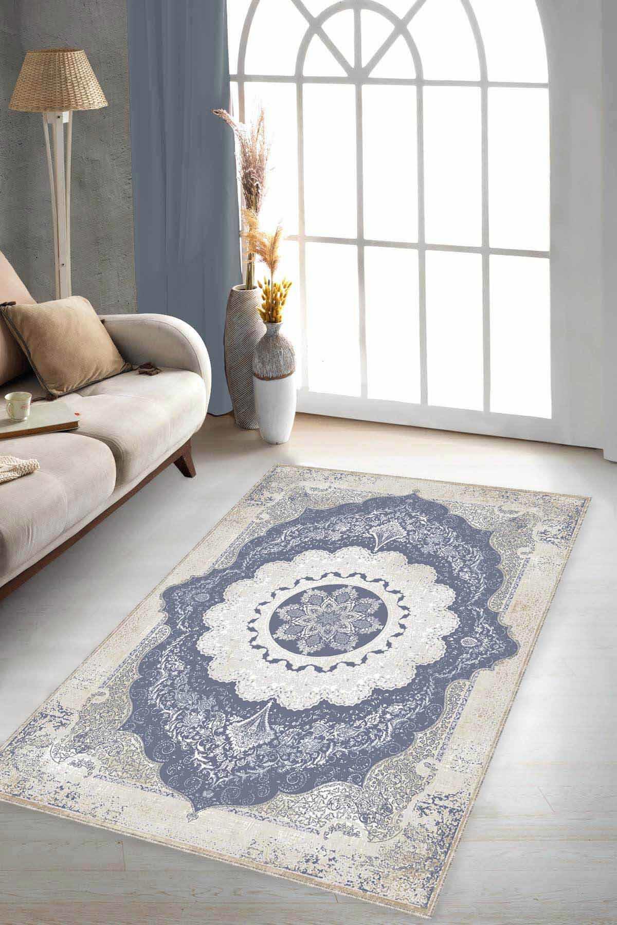 Viva Home MK109 Mavi 7 mm Mikropolyester Leke tutmaz Yıkanabilir İnce Kaymaz Taban Dikdörtgen Makine Dokuma Salon Halısı 120x200 cm