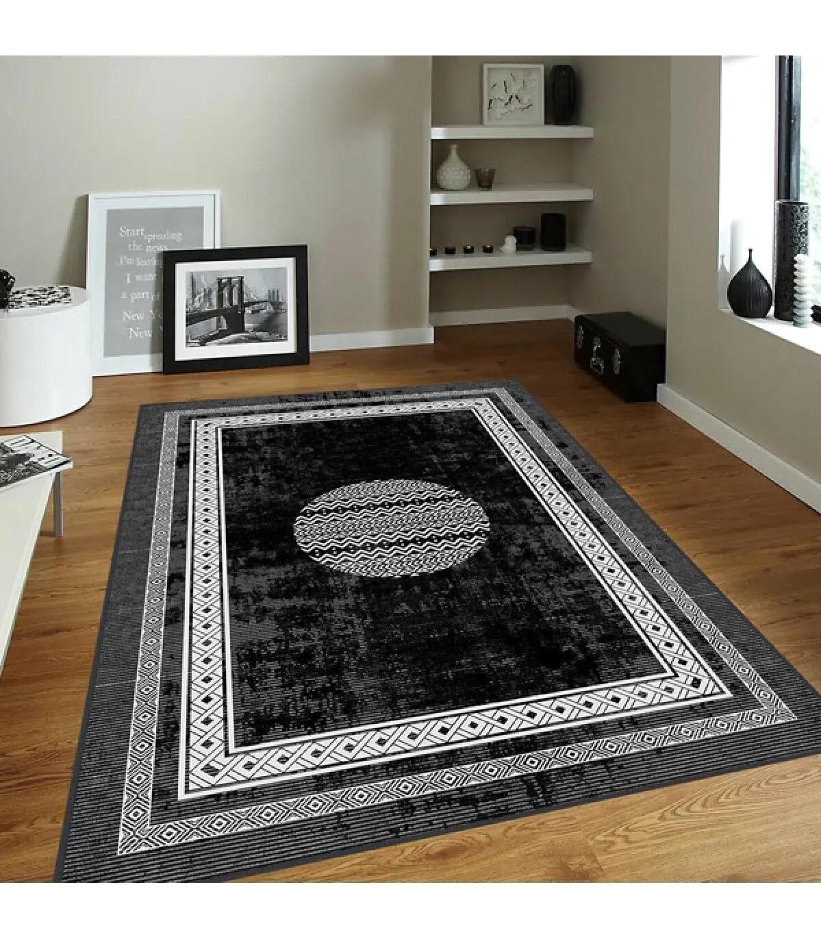 Rovigo Home RVG0103-SD1082 Beyaz - Siyah 8 mm Polyester Yıkanabilir Orta Kaymaz Dot Taban Dikdörtgen Makine Dokuma Salon Halısı 150x220 cm