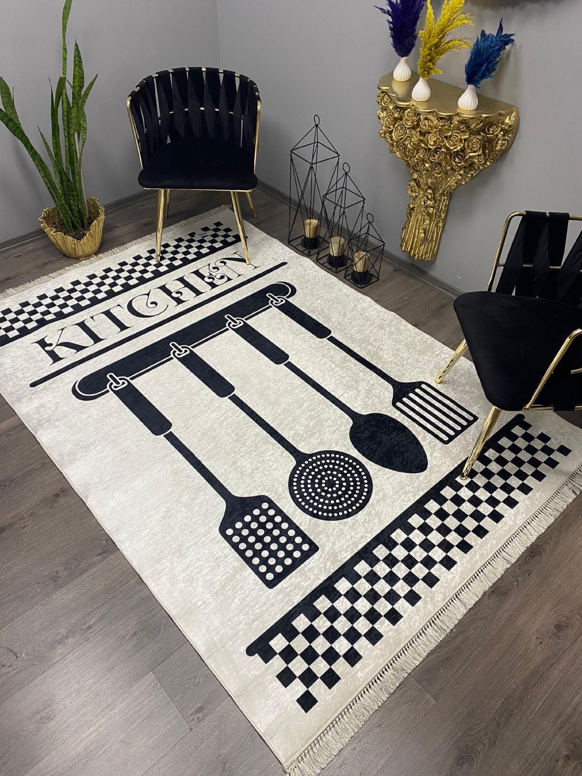 Halı Furyası Beyaz - Siyah 0.7 mm Deri Yıkanabilir İnce Kaymaz Deri Taban Dikdörtgen Makine Dokuma Salon Halısı 200x290 cm