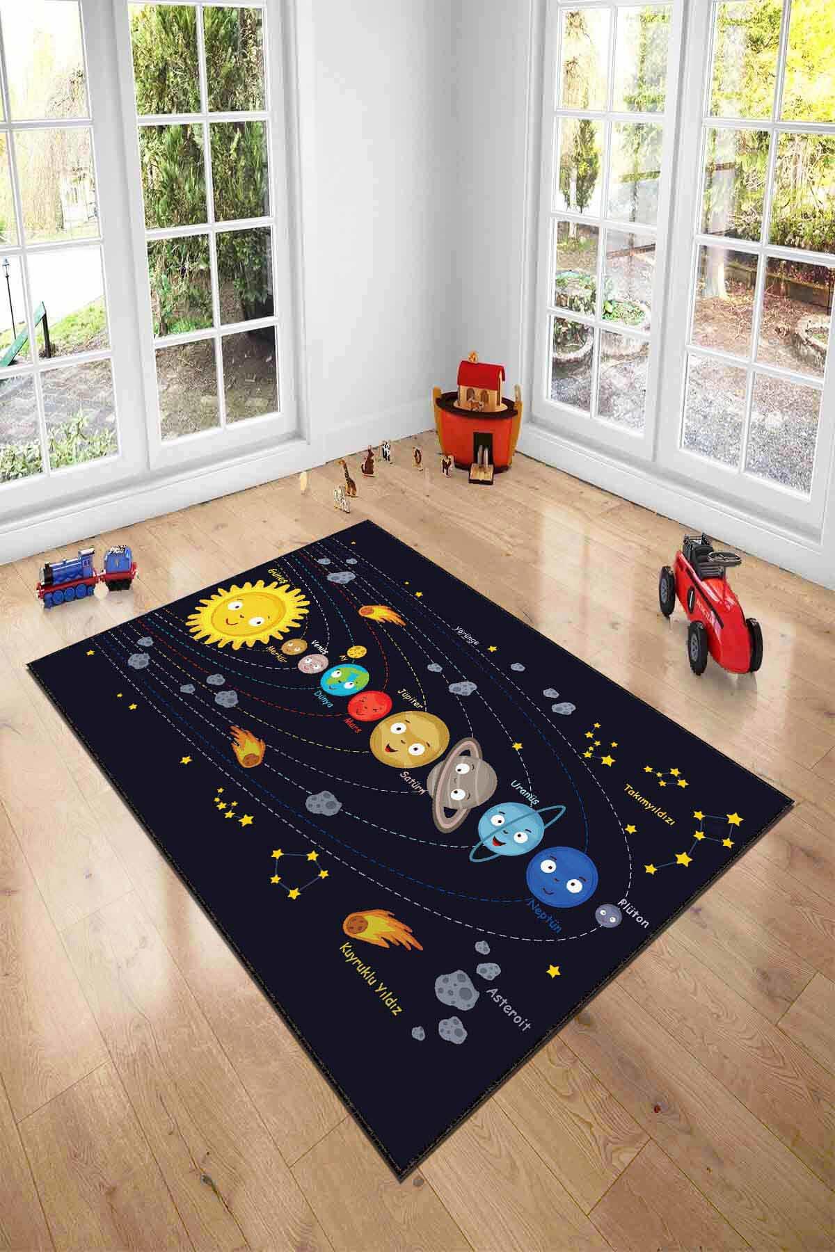 Viva Home AR284 Lacivert 7 mm Mikropolyester Leke tutmaz Yıkanabilir İnce Kaymaz Dikdörtgen Makine Dokuma Çocuk Odası Halısı 180x180 cm