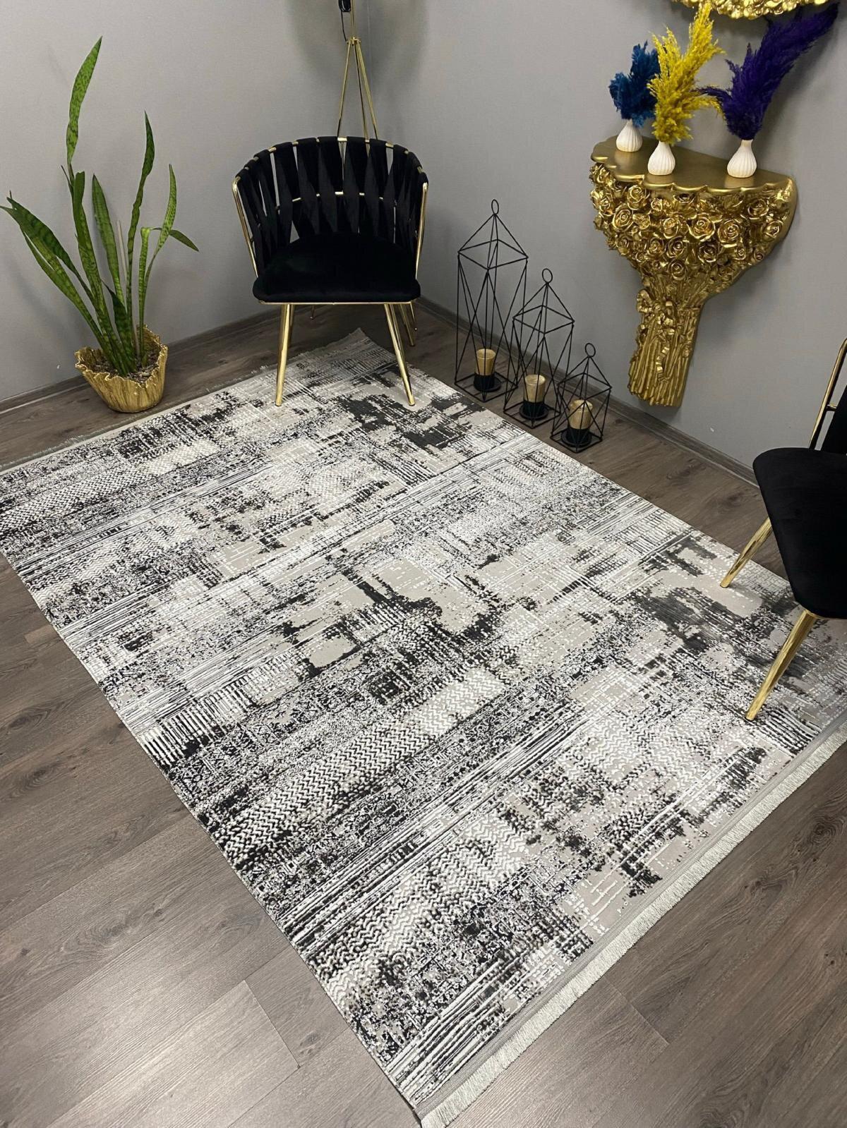 Halı Furyası Gri 8.5 mm Bambu Antibakteriyel Yıkanabilir Orta Kaymaz Dikdörtgen Makine Dokuma Oturma Odası-Salon Halısı 60x100 cm