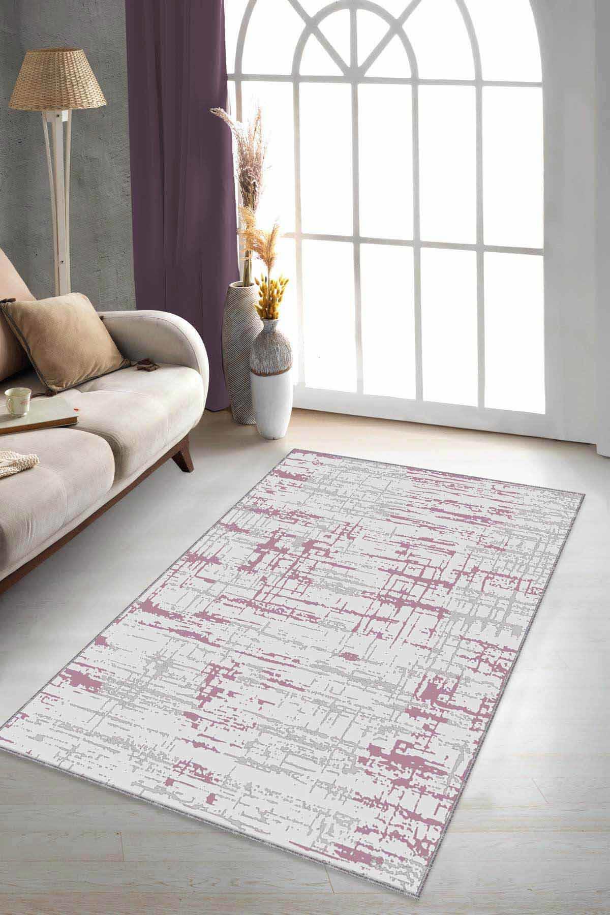 Viva Home ES02 Pembe 7 mm Mikropolyester Leke Tutmaz Yıkanabilir İnce Kaymaz Dot Taban Dikdörtgen Makine Dokuma Salon Halısı 140x200 cm