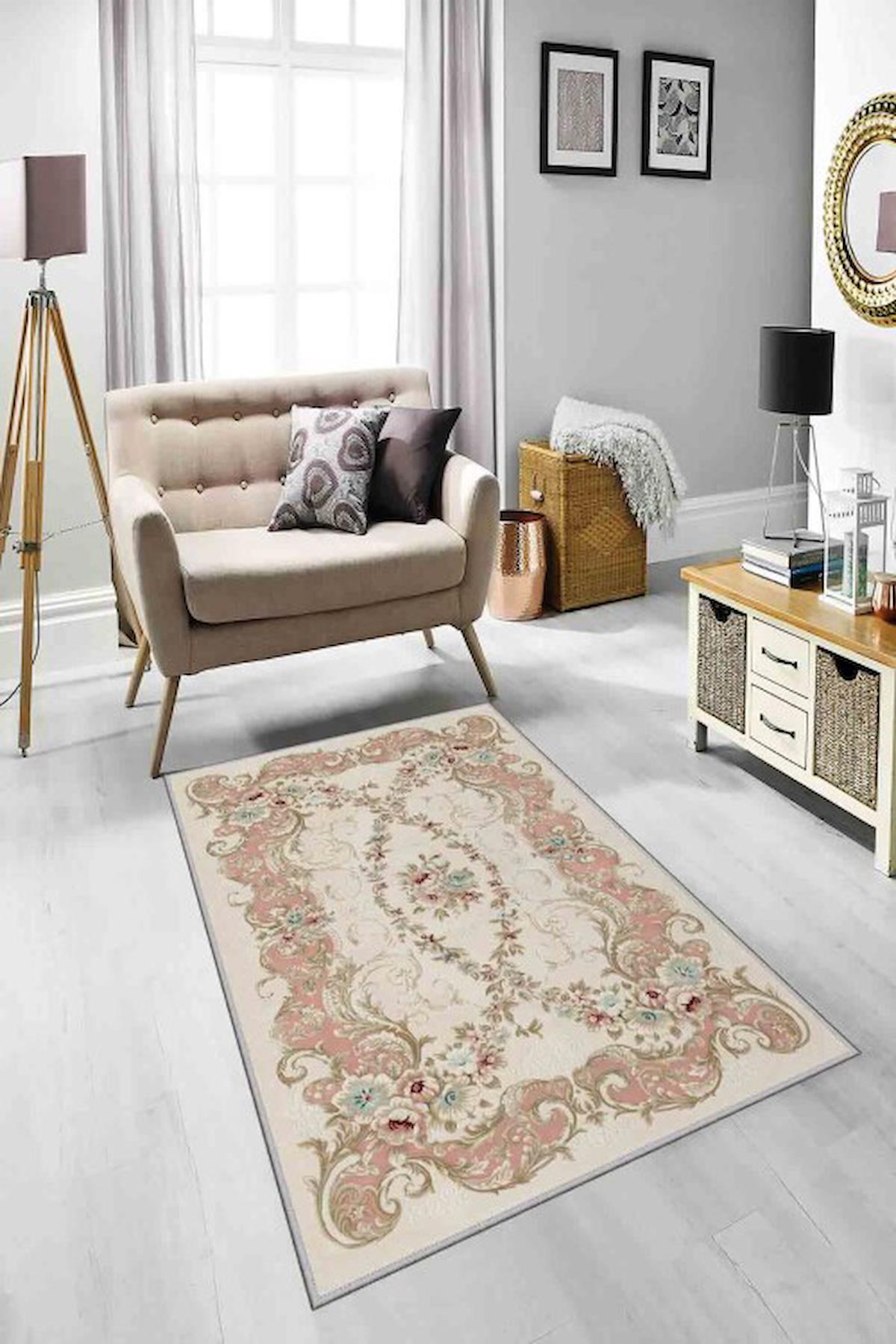 Homefesto Krem 5 mm Polyester Leke Tutmaz Yıkanabilir İnce Kaymaz Taban Çiçek Desenli Dikdörtgen Makine Dokuma Salon Halısı 80x200 cm