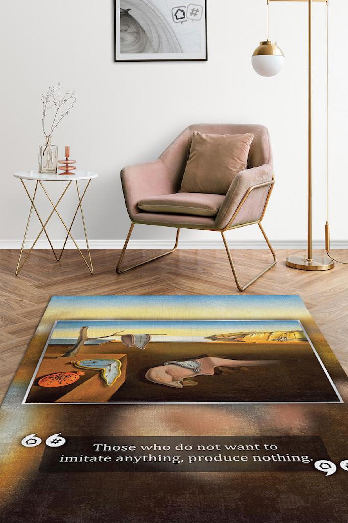 Homshtag Belleğin Azmi Dali Krem 4 mm Pamuk Antistatik Yıkanabilir İnce Kaymaz Dikdörtgen Makine Dokuma Salon Halısı 200x300 cm