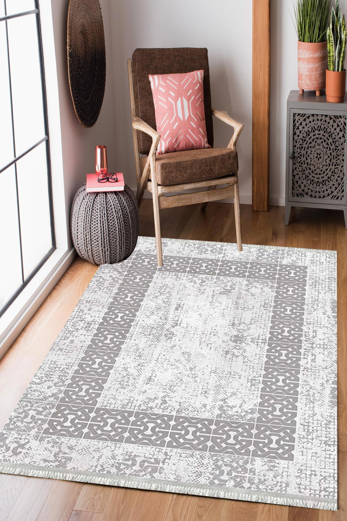 Enbe Collection E-MD0165 Gri 5 mm Pamuk Silinebilir Yıkanabilir Orta Kaymaz Dot Taban Dikdörtgen Makine Dokuma Oturma Odası Halısı 100x150 cm