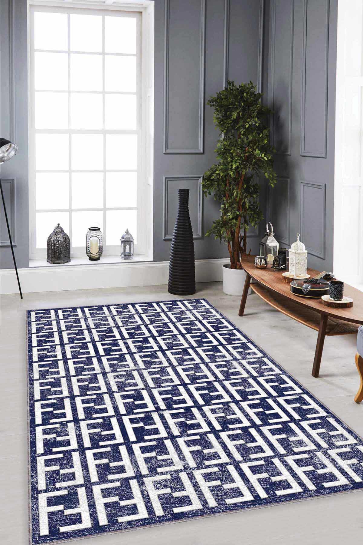Viva Home LB009 Lacivert 7 mm Mikropolyester Antibakteriyel Yıkanabilir İnce Kaymaz Dikdörtgen Makine Dokuma Salon Halısı 100x200 cm