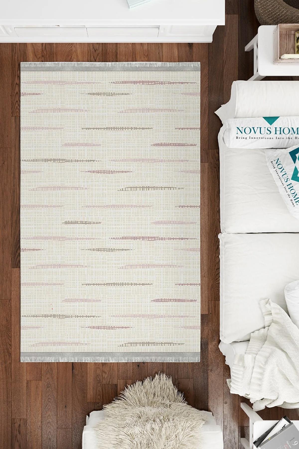 Novus Home Punto Serisi Kahverengi - Krem 7 mm Polyester Antibakteriyel-Toz Tutmaz-Yalıtıma Yardımcı Yıkanabilir İnce Kaymaz Taban Yuvarlak Makine Dokuma Antre-Salon-Yatak Odası Halısı 80x200 cm