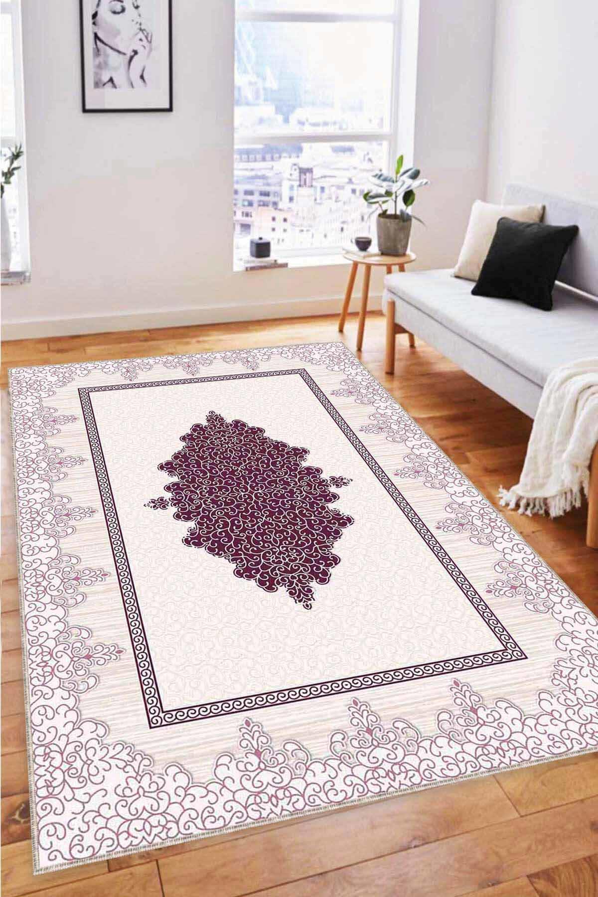 Viva Home MK69 Mor - Pembe 7 mm Mikropolyester Leke Tutmaz Yıkanabilir İnce Kaymaz Dot Taban Dikdörtgen Makine Dokuma Salon Halısı 80x150 cm