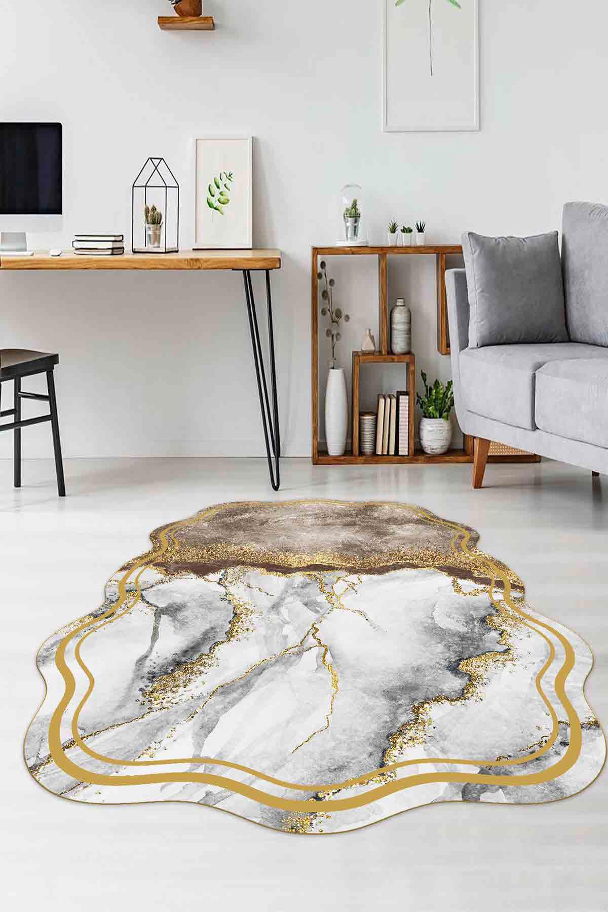 Homefesto Krem 5 mm Polyester Leke Tutmaz Yıkanabilir İnce Kaymaz Taban Oval Makine Dokuma Salon Halısı 100x150 cm
