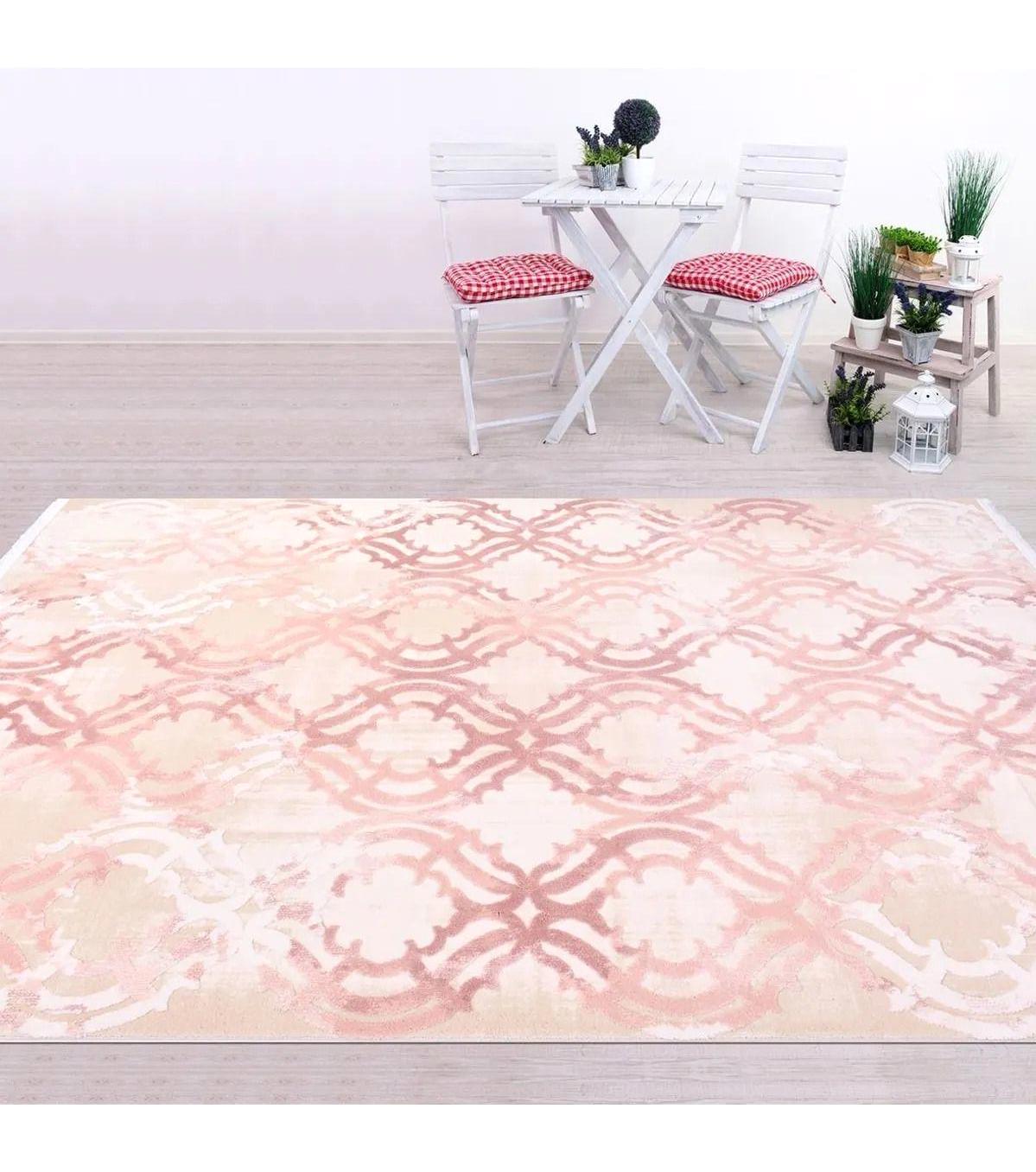İpek Mekik Halı Gaspara Pembe 10 mm Akrilik Yıkanabilir Orta Kaymaz Pamuk Taban Dikdörtgen Makine Dokuma Antre-Çocuk Odası-Salon-Yatak Odası Halısı 80x150 cm