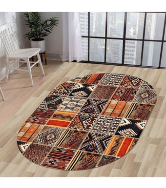 Dijidekor K1300 Çok Renkli 6 mm Polyester Yıkanabilir Orta Kaymaz Dot Taban Oval Makine Dokuma Salon Halısı 140x200 cm
