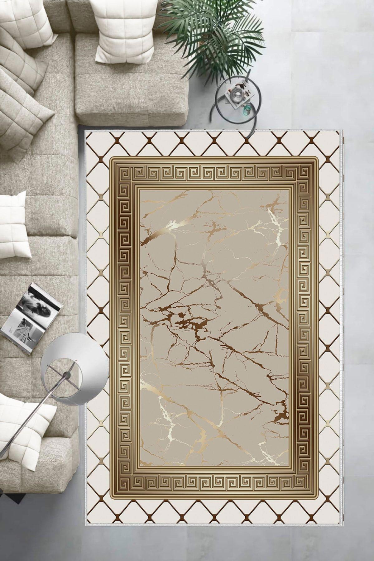 Aldora B1281 Krem-Vizon 9 mm Deri Leke tutmaz Yıkanabilir İnce Kaymaz Deri Taban Dikdörtgen Makine Dokuma Salon Halısı 140x200 cm