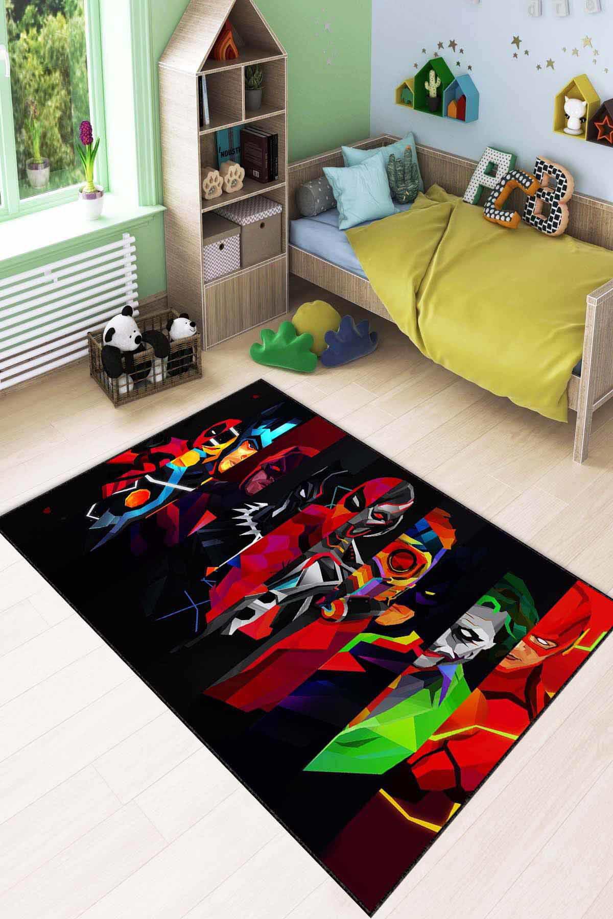 Viva Home AR1178 Kırmızı 7 mm Mikropolyester Antibakteriyel Yıkanabilir İnce Kaymaz Taban Süper Kahraman Temalı Dikdörtgen Makine Dokuma Çocuk Odası Halısı 120x180 cm