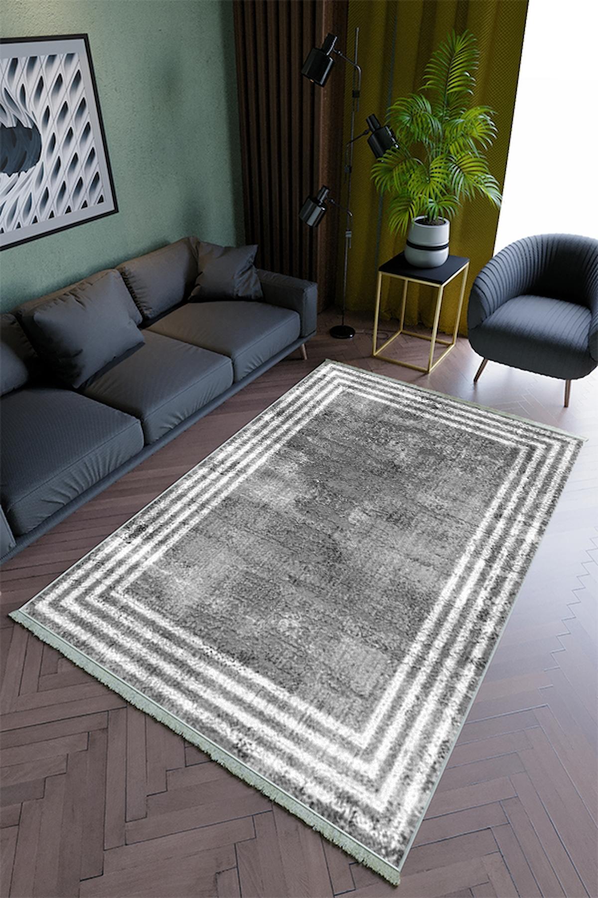 10 Post Online Gri 4 mm Polyester Yıkanabilir İnce Kaymaz Dot Taban Dikdörtgen Makine Dokuma Salon Halısı 80x150 cm