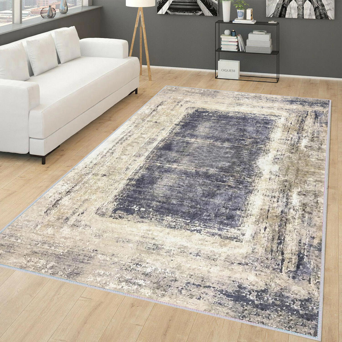 Rovigo Home RVG0280-SD734 Bej - Mavi 8 mm Polyester Antibakteriyel-Leke Tutmaz-Toz Tutmaz Yıkanabilir İnce Kaymaz Dot Taban Dikdörtgen Makine Dokuma Salon Halısı 100x300 cm