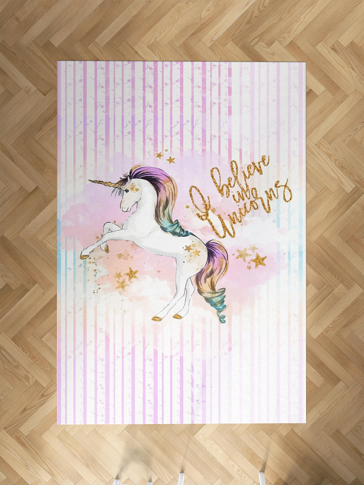 Mekta Home Unicorn-Yıldız Krem 10 mm Antibakteriyel Yıkanabilir İnce Kaymaz Dot Taban Dikdörtgen Makine Dokuma Çocuk Odası Halısı 200x300 cm