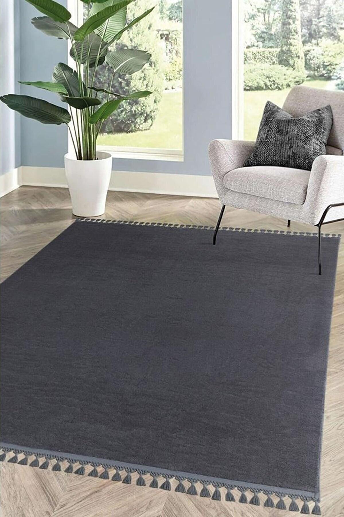 Saraz Halı Antrasit 12 mm Polyester Antibakteriyel Yıkanabilir Kalın Kaymaz Lateks Taban Dikdörtgen Makine Dokuma Salon Halısı 150x233 cm