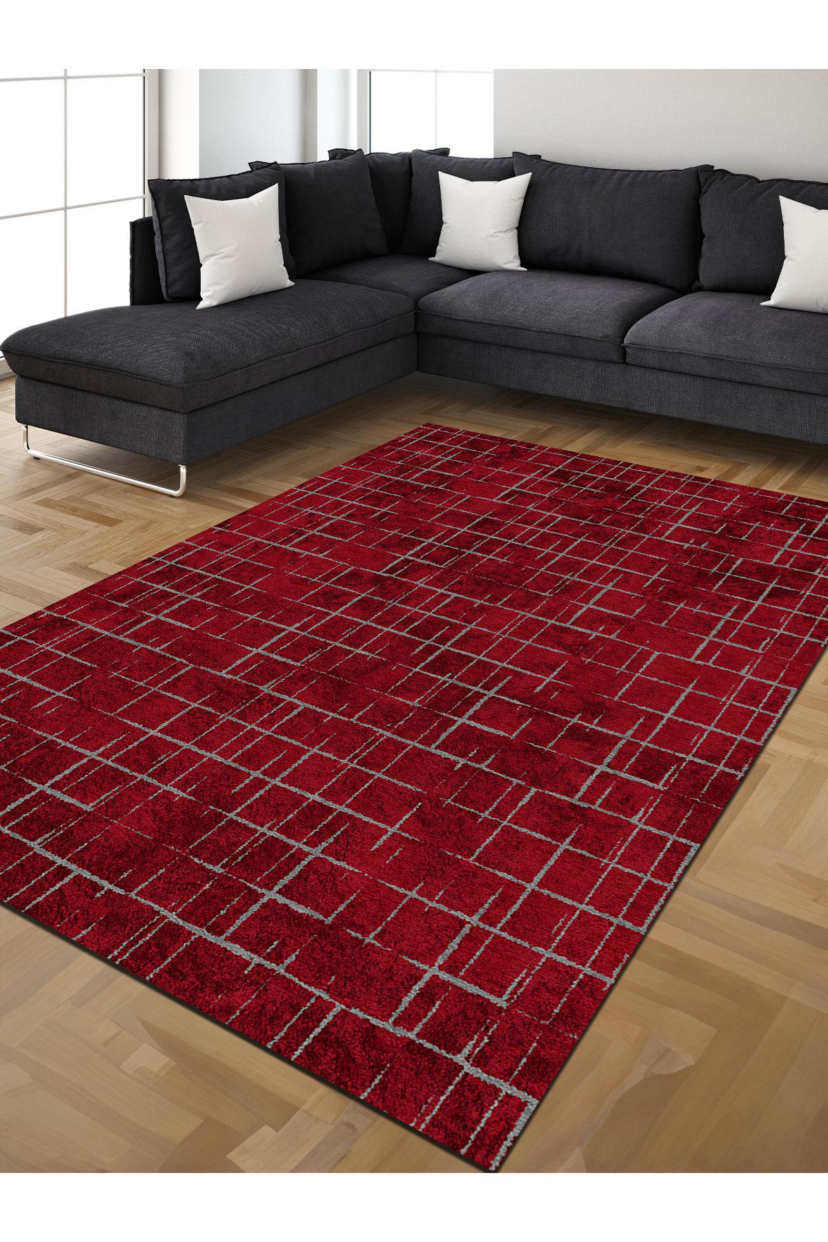 İnspira Kırmızı 12 mm Polyester Antibakteriyel-Leke Tutmaz-Toz Tutmaz Yıkanabilir Orta Kaymaz Dot Taban Dikdörtgen Makine Dokuma Oturma Odası-Salon Halısı 150x233 cm