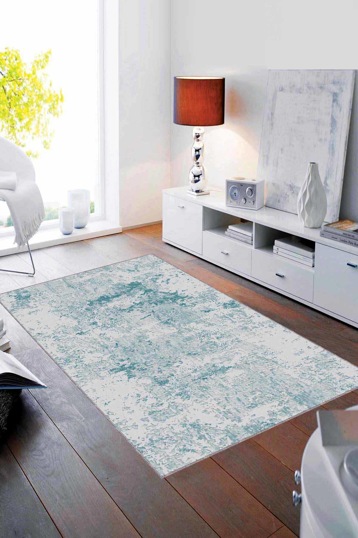 Viva Home MA007 Beyaz-Turkuaz 7 mm Mikropolyester Koku Yapmaz-Leke Tutmaz-Toz Tutmaz Yıkanabilir İnce Kaymaz Dot Taban Dikdörtgen Makine Dokuma Antre-Oturma Odası-Salon-Yatak Odası Halısı 120x300 cm